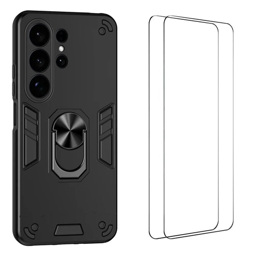 WANLONFENG for Samsung Galaxy S26 Ultra YS Series Case Kicktand Shockproof PC TPU Phone Cover with 2Pcs Tempered Glass Film - Black - 1