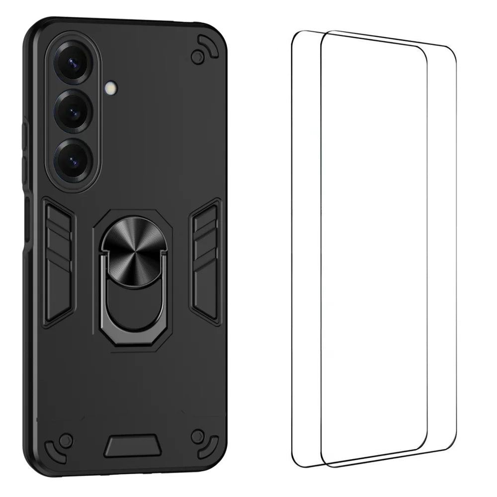 WANLONFENG for Samsung Galaxy S26 YS Series Case Kicktand Shockproof PC TPU Phone Cover with 2Pcs Tempered Glass Film - Black - 1