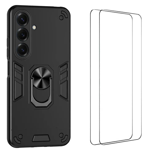 WANLONFENG for Samsung Galaxy S26 YS Series Case Kicktand Shockproof PC TPU Phone Cover with 2Pcs Tempered Glass Film - Black - 1