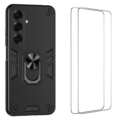 WANLONFENG for Samsung Galaxy S26 YS Series Case Kicktand Shockproof PC TPU Phone Cover with 2Pcs Tempered Glass Film - Black - 1