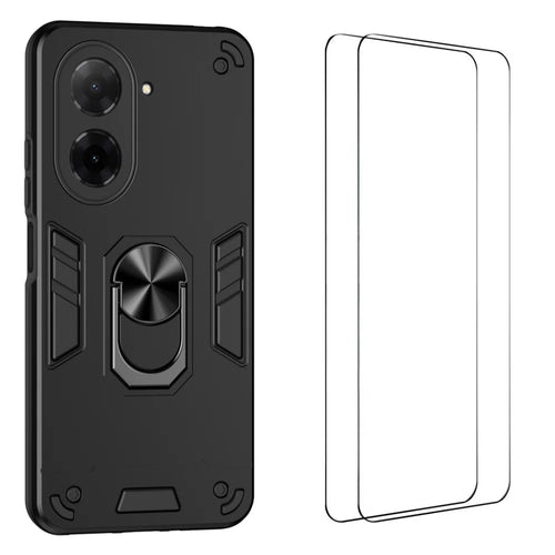 WANLONFENG for Xiaomi Poco C71 4G / Xiaomi Redmi A5 4G (171.7mm) YS Series Case Kicktand Shockproof PC TPU Phone Cover with 2Pcs Tempered Glass Film - Black - 1