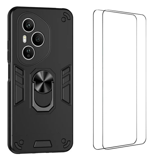 WANLONFENG for Honor 400 Pro 5G (Global) YS Series Case Kicktand Shockproof PC TPU Phone Cover with 2Pcs Tempered Glass Film - Black - 1