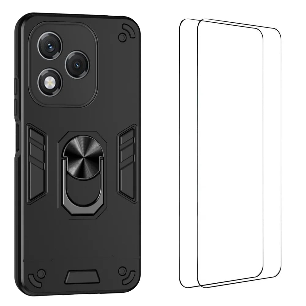 WANLONFENG for Honor 400 Lite 5G YS Series Case Kicktand Shockproof PC TPU Phone Cover with 2Pcs Tempered Glass Film - Black - 1