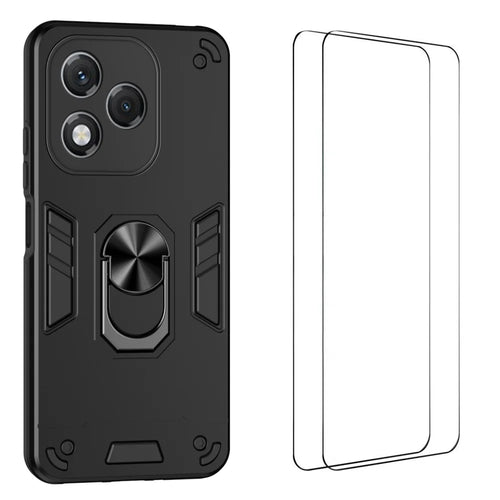 WANLONFENG for Honor 400 Lite 5G YS Series Case Kicktand Shockproof PC TPU Phone Cover with 2Pcs Tempered Glass Film - Black - 1