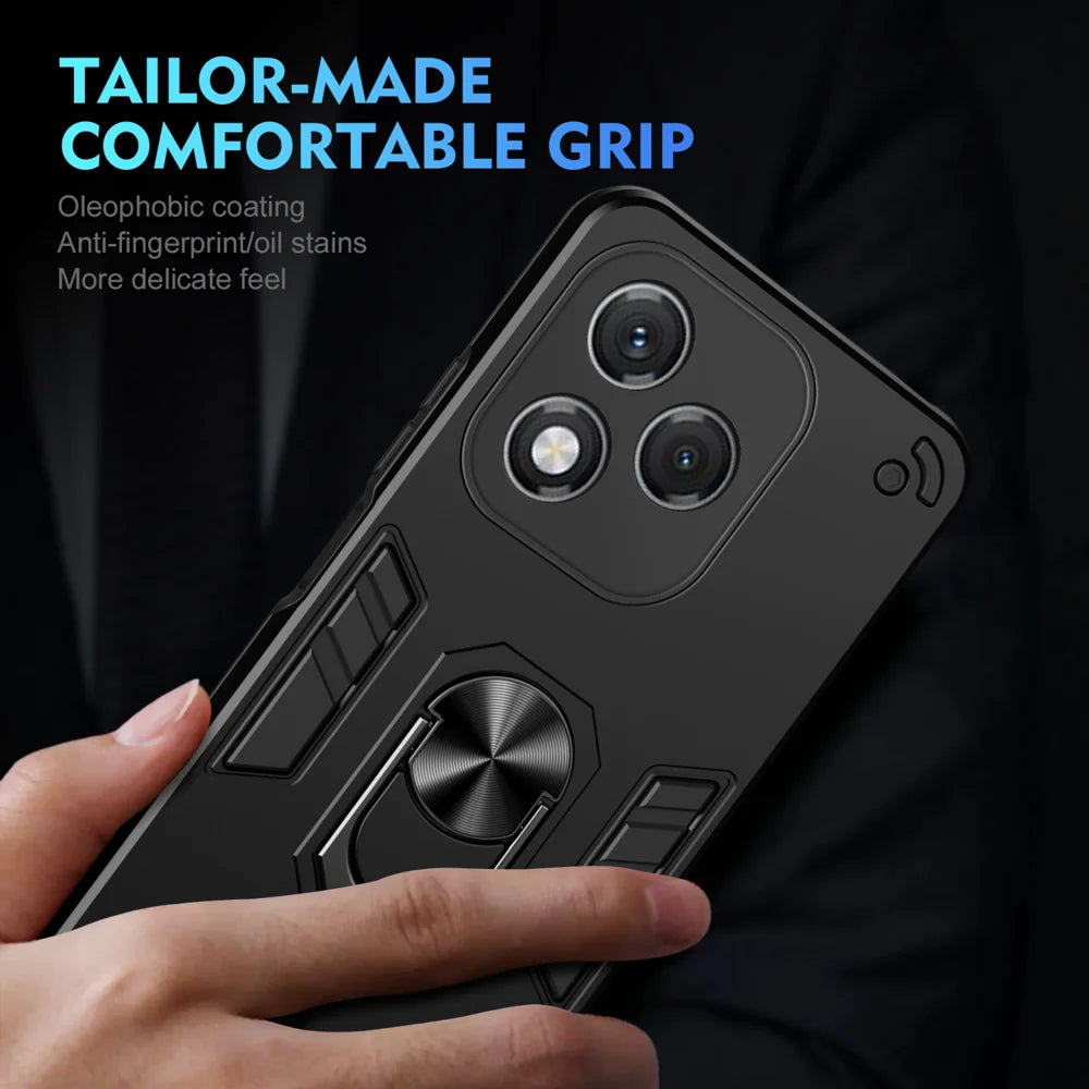 WANLONFENG for Honor 400 Lite 5G YS Series Case Kicktand Shockproof PC TPU Phone Cover with 2Pcs Tempered Glass Film - Black - 6
