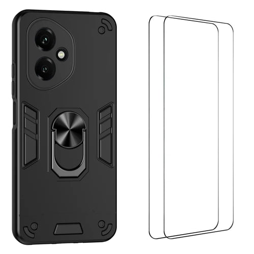 WANLONFENG for Honor 400 5G (Global) YS Series Case Kicktand Shockproof PC TPU Phone Cover with 2Pcs Tempered Glass Film - Black - 1