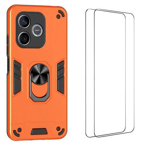 WANLONFENG for Honor 600 Lite 5G YS Series Case Kicktand Shockproof PC TPU Phone Cover with 2Pcs Tempered Glass Film - Orange - 1