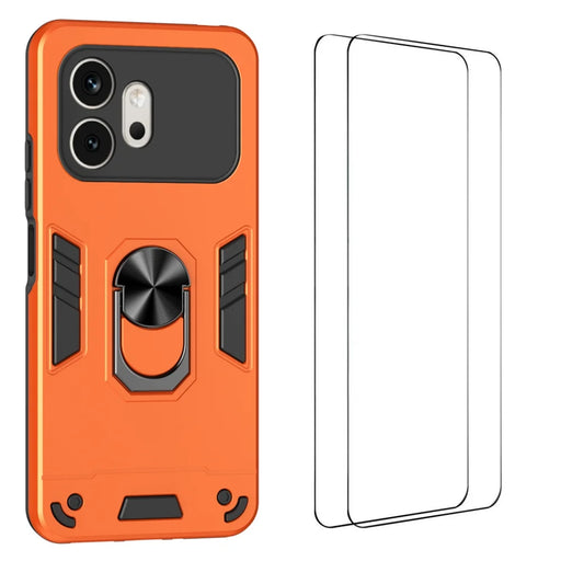 WANLONFENG for Honor 600 5G YS Series Case Kicktand Shockproof PC TPU Phone Cover with 2Pcs Tempered Glass Film - Orange - 1