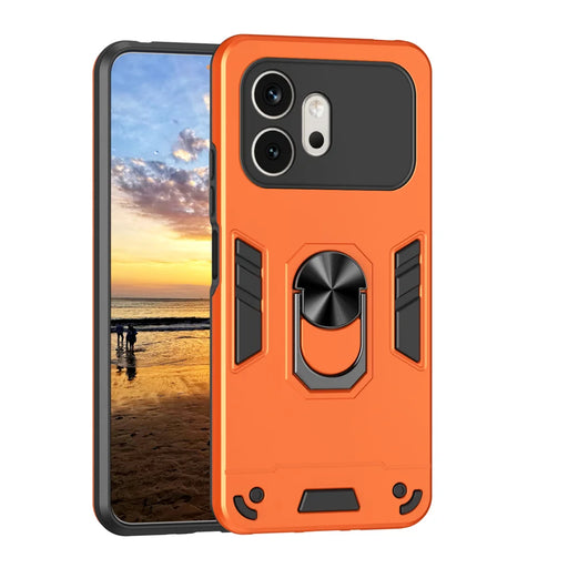 WANLONFENG for Honor 600 5G YS Series Case Kicktand Shockproof PC TPU Phone Cover with 2Pcs Tempered Glass Film - Orange - 2