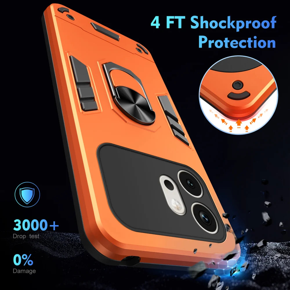 WANLONFENG for Honor 600 5G YS Series Case Kicktand Shockproof PC TPU Phone Cover with 2Pcs Tempered Glass Film - Orange - 5