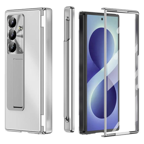 For Samsung Galaxy Z Fold8 Ultra Case Kickstand Dual Hinge Aluminum Alloy Phone Cover with Tempered Glass Front Film / Stylus - Silver - 1