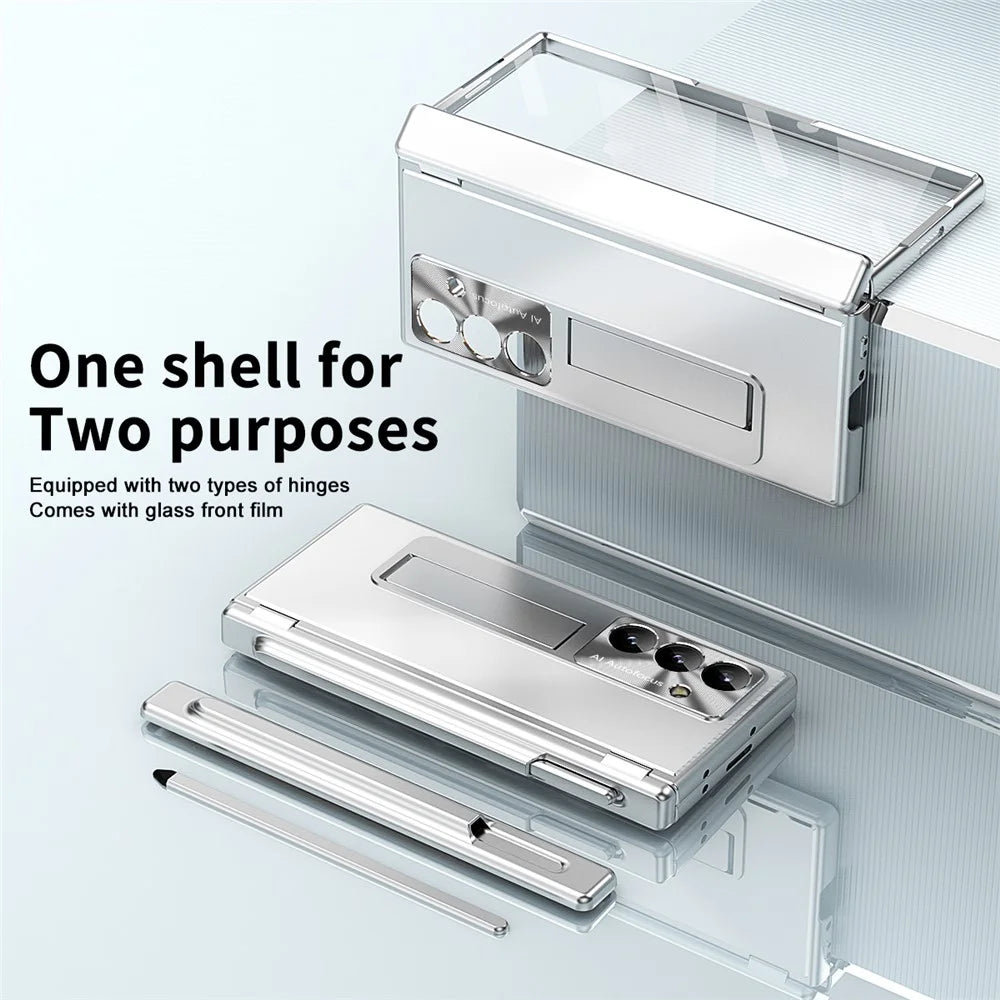 For Samsung Galaxy Z Fold8 Ultra Case Kickstand Dual Hinge Aluminum Alloy Phone Cover with Tempered Glass Front Film / Stylus - Silver - 6