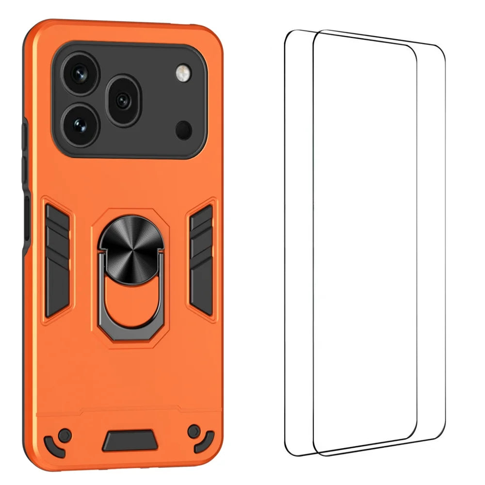 WANLONFENG for Honor 600 Pro 5G YS Series Case Kicktand Shockproof PC TPU Phone Cover with 2Pcs Tempered Glass Film - Orange - 1