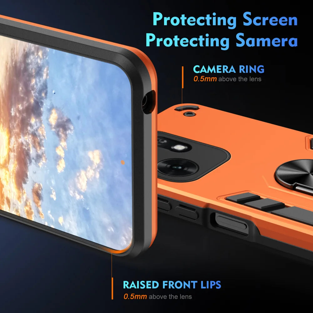 WANLONFENG for Honor X6d 5G YS Series Case Kicktand Shockproof PC TPU Phone Cover with 2Pcs Tempered Glass Film - Orange - 4