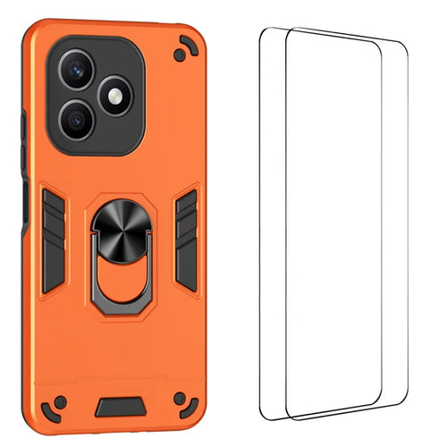 WANLONFENG for Honor X8d 4G YS Series Case Kicktand Shockproof PC TPU Phone Cover with 2Pcs Tempered Glass Film - Orange - 1