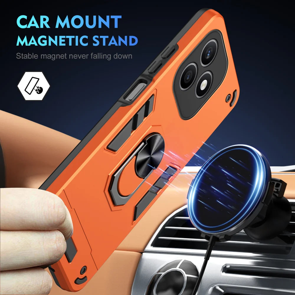 WANLONFENG for Honor X8d 4G YS Series Case Kicktand Shockproof PC TPU Phone Cover with 2Pcs Tempered Glass Film - Orange - 3