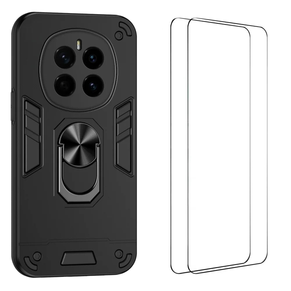 WANLONFENG for Honor Magic7 5G YS Series Case Kicktand Shockproof PC TPU Phone Cover with 2Pcs Tempered Glass Film - Black - 1