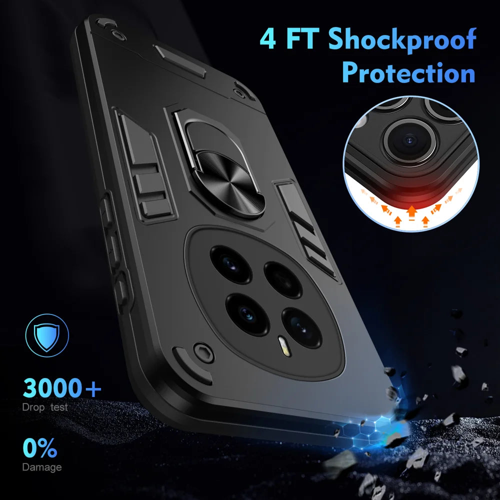 WANLONFENG for Honor Magic7 5G YS Series Case Kicktand Shockproof PC TPU Phone Cover with 2Pcs Tempered Glass Film - Black - 5