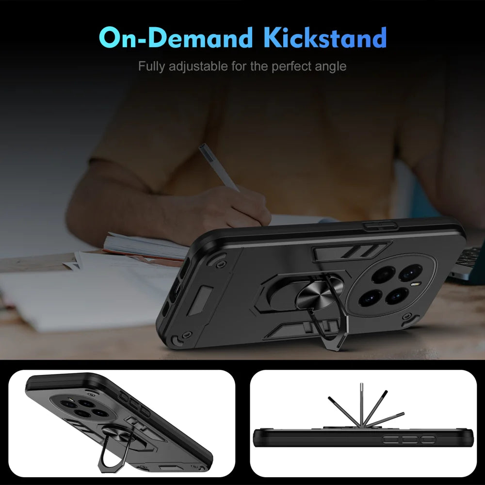 WANLONFENG for Honor Magic7 5G YS Series Case Kicktand Shockproof PC TPU Phone Cover with 2Pcs Tempered Glass Film - Black - 7