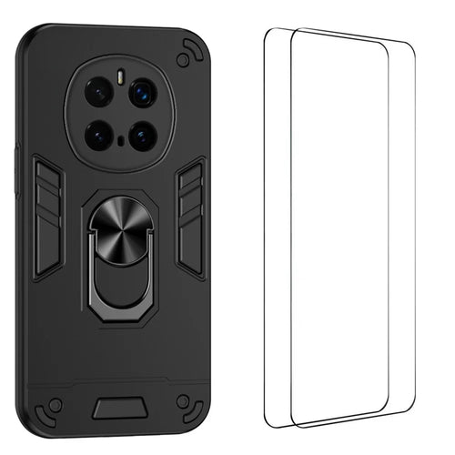 WANLONFENG for Honor Magic7 Pro 5G YS Series Case Kicktand Shockproof PC TPU Phone Cover with 2Pcs Tempered Glass Film - Black - 1