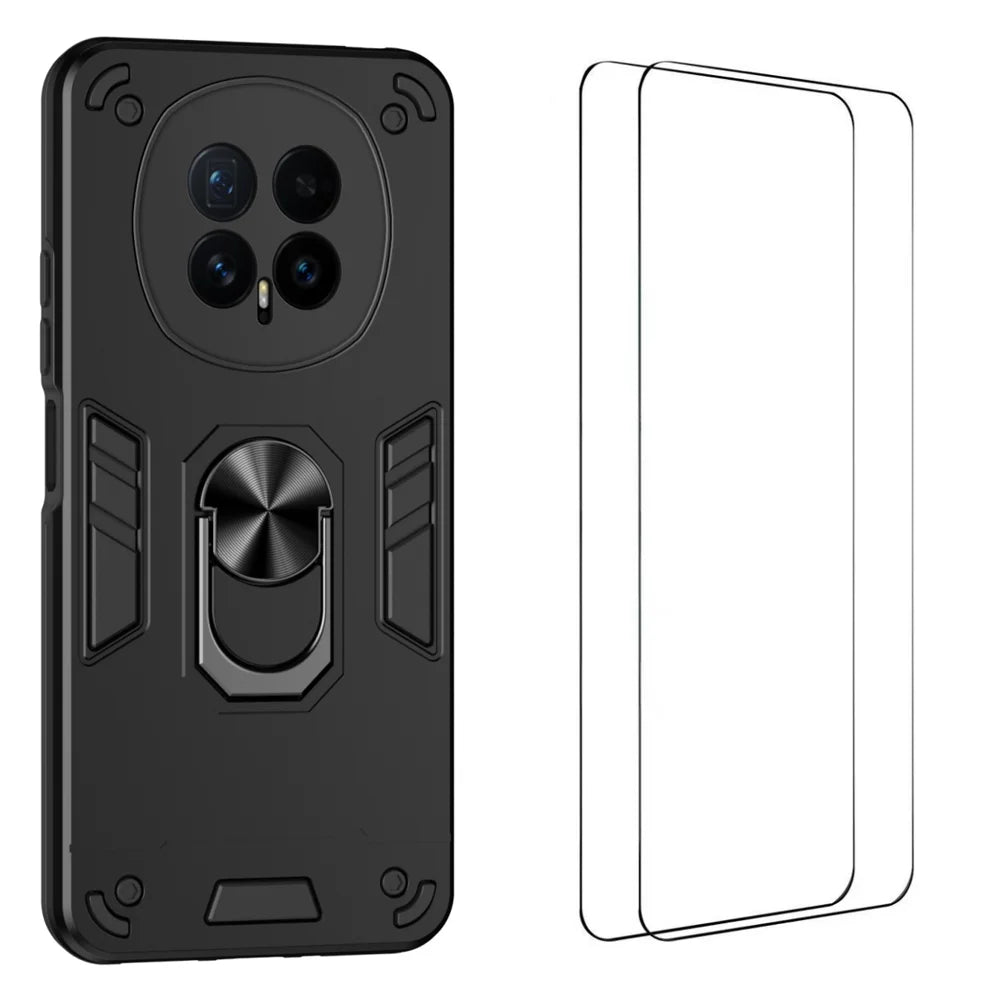 WANLONFENG for Honor Magic8 5G YS Series Case Kicktand Shockproof PC TPU Phone Cover with 2Pcs Tempered Glass Film - Black - 1