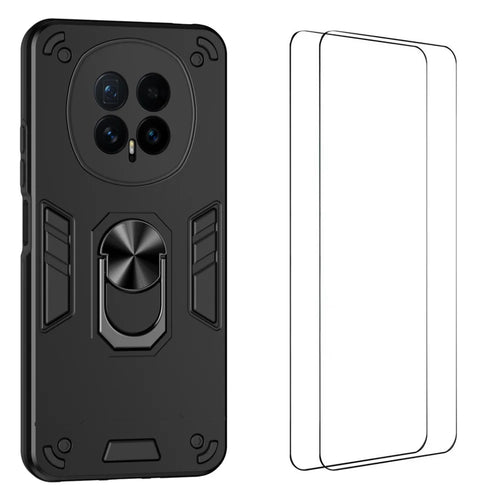 WANLONFENG for Honor Magic8 5G YS Series Case Kicktand Shockproof PC TPU Phone Cover with 2Pcs Tempered Glass Film - Black - 1