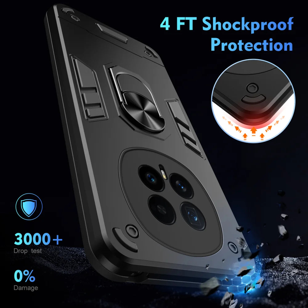 WANLONFENG for Honor Magic8 5G YS Series Case Kicktand Shockproof PC TPU Phone Cover with 2Pcs Tempered Glass Film - Black - 5