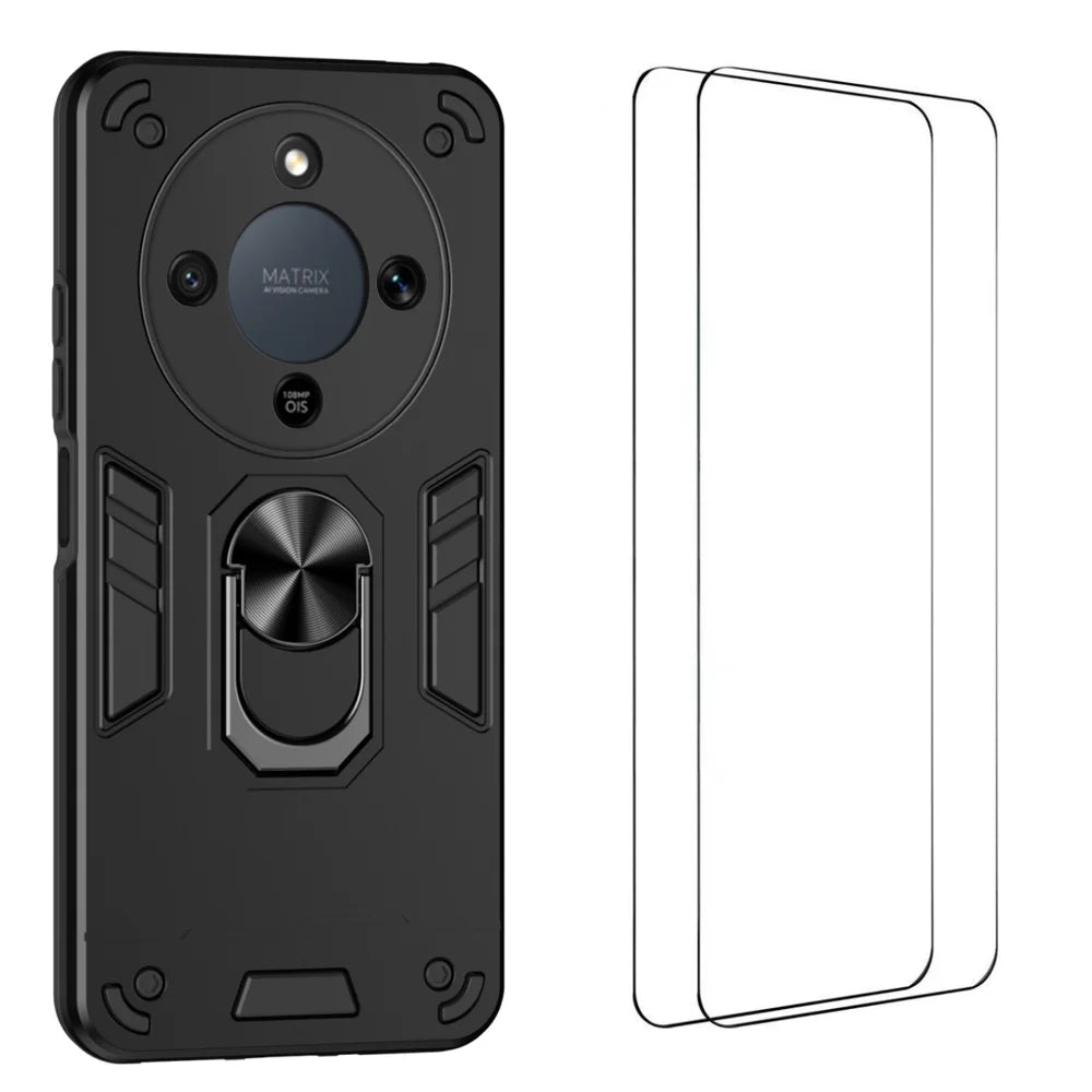 WANLONFENG for Honor X70 5G / Honor X9d 5G / Honor Magic8 Lite 5G YS Series Case Kicktand Shockproof PC TPU Phone Cover with 2Pcs Tempered Glass Film - Black - 1