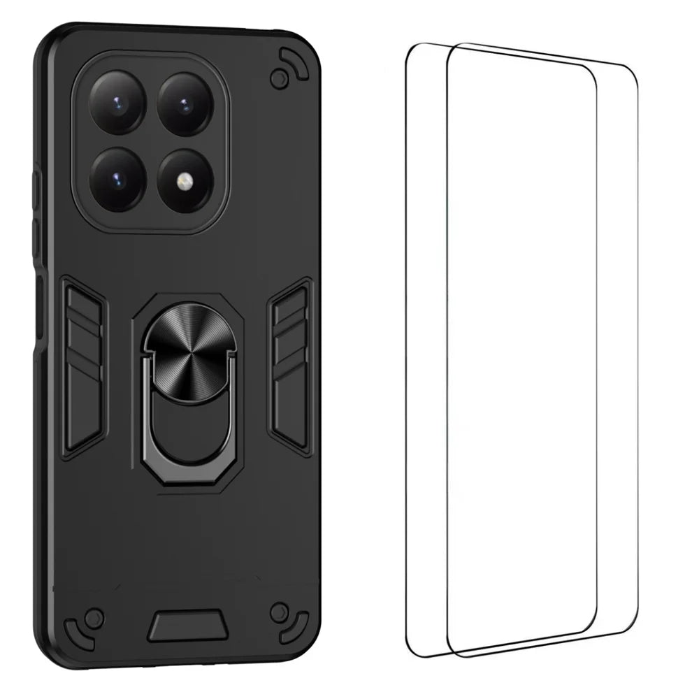 WANLONFENG for Xiaomi 15T YS Series Case Kicktand Shockproof PC TPU Phone Cover with 2Pcs Tempered Glass Film - Black - 1