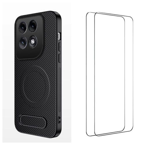 WANLONFENG for Motorola Edge 70 Pro 5G QT1 Series Magnetic Case with 2Pcs Tempered Glass Films Kickstand Carbon Fiber Texture PC TPU Phone Cover - Black - 1