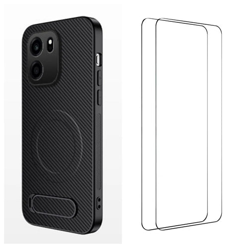 WANLONFENG for OnePlus Turbo 6V 5G / OnePlus Nord CE6 5G QT1 Series Magnetic Case with 2Pcs Tempered Glass Films Kickstand Carbon Fiber Texture PC TPU Phone Cover - Black - 1