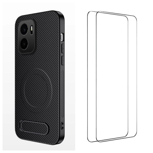 WANLONFENG for OnePlus Ace 6 Ultra 5G QT1 Series Magnetic Case with 2Pcs Tempered Glass Films Kickstand Carbon Fiber Texture PC TPU Phone Cover - Black - 1