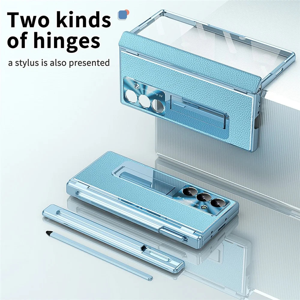 For Samsung Galaxy Z Fold8 Ultra Case Hinge Protection PU + PC Phone Cover with Tempered Glass Film / Stylus - Blue - 3