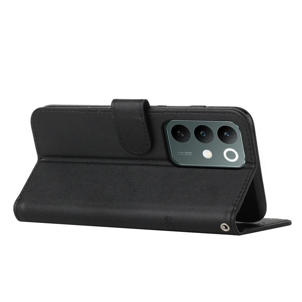 For Realme C100x 4G / Realme C100i 4G / Realme C100 4G Leather Phone Case  Foldable Stand Wallet Flip Cover with Strap - Black - 2