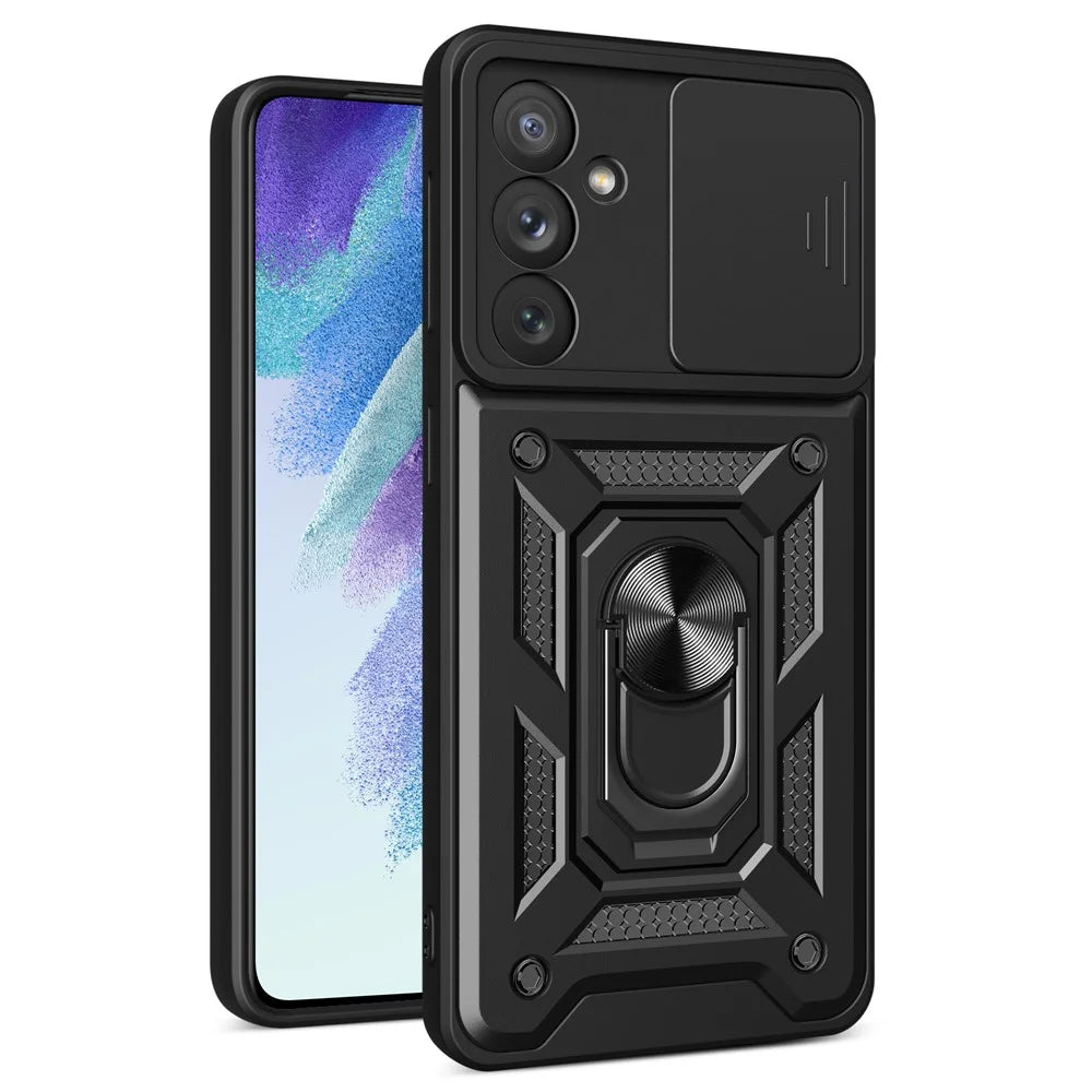 Ring Holder Kickstand Phone Case for Samsung Galaxy A54 5G, PC + TPU Drop-proof Cover with Slide Camera Protector - Black - 1