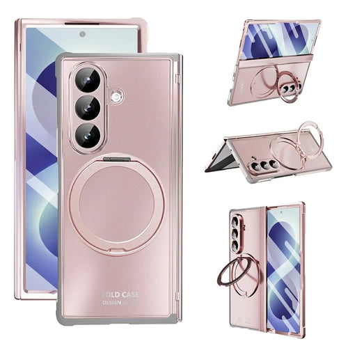 For Samsung Galaxy Z Fold8 Ultra Case Rotating Ring Kickstand Electroplated PC TPU Phone Cover with Tempered Glass Film - Pink - 1