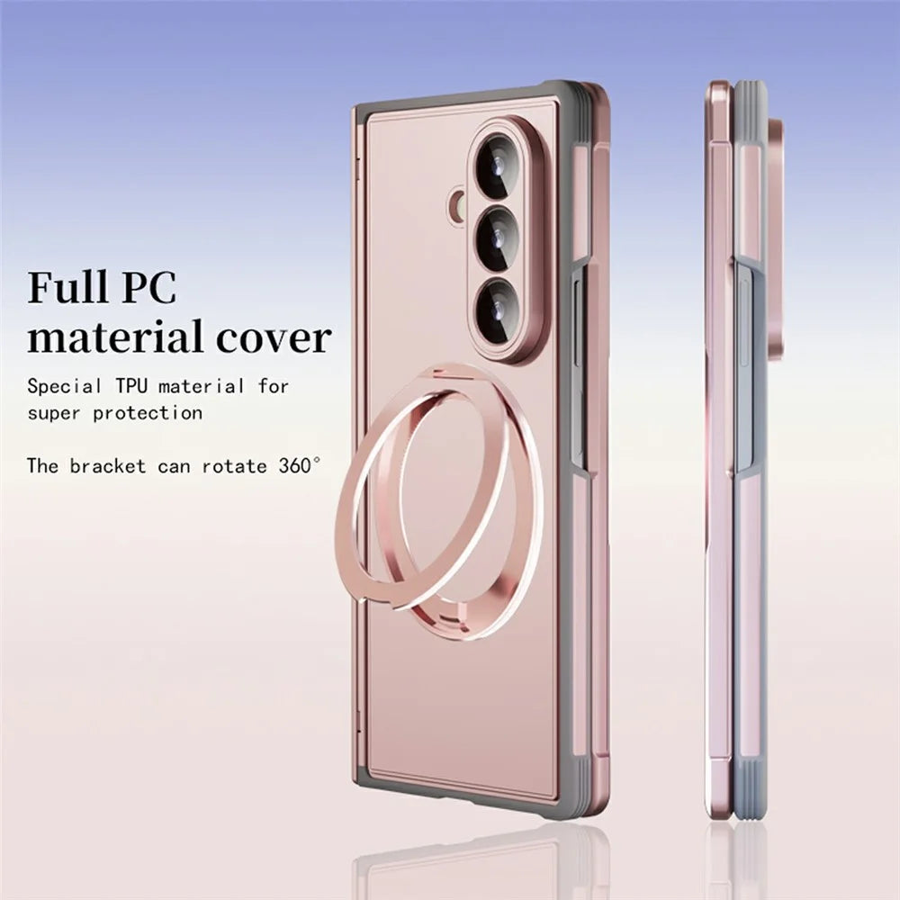 For Samsung Galaxy Z Fold8 Ultra Case Rotating Ring Kickstand Electroplated PC TPU Phone Cover with Tempered Glass Film - Pink - 4
