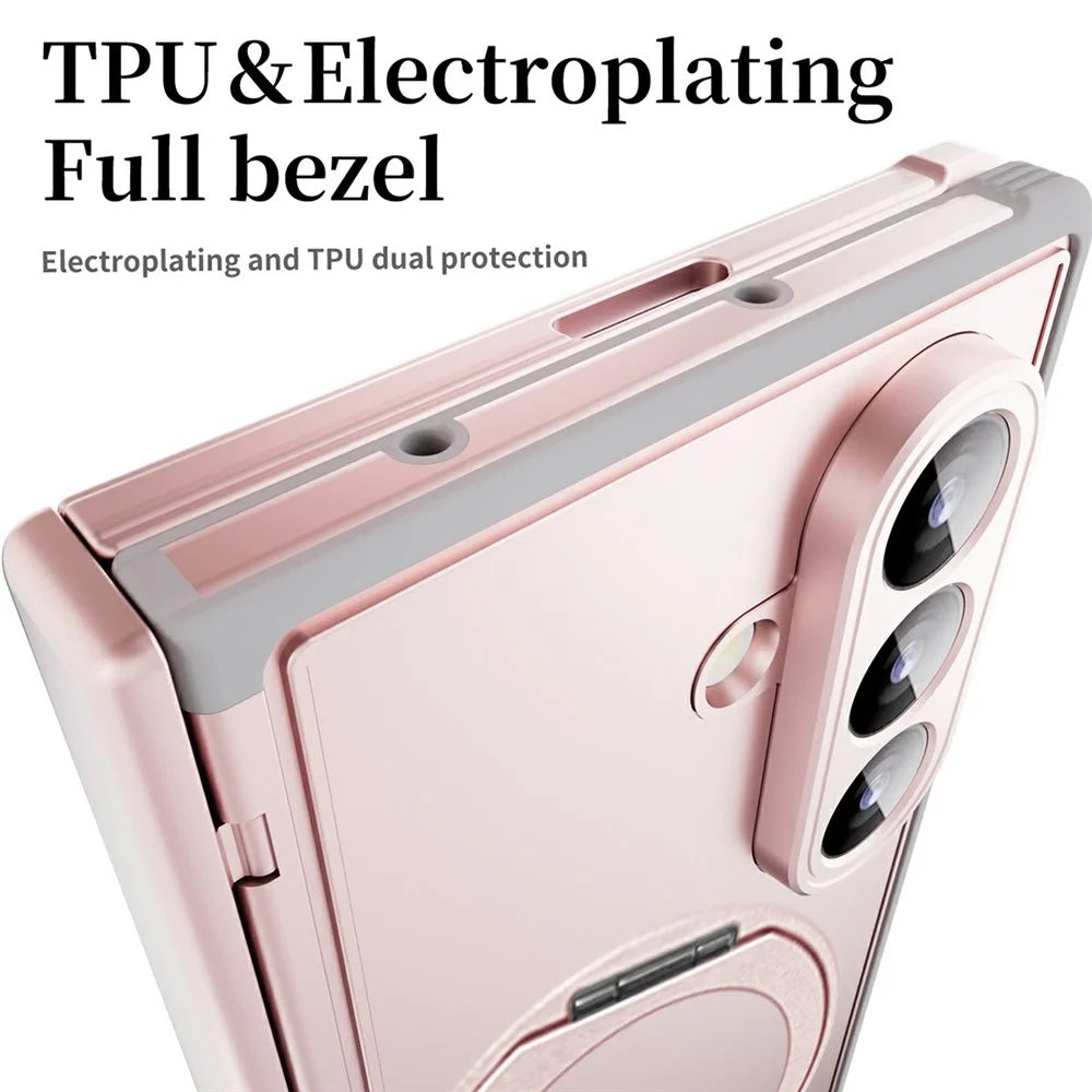 For Samsung Galaxy Z Fold8 Ultra Case Rotating Ring Kickstand Electroplated PC TPU Phone Cover with Tempered Glass Film - Pink - 7