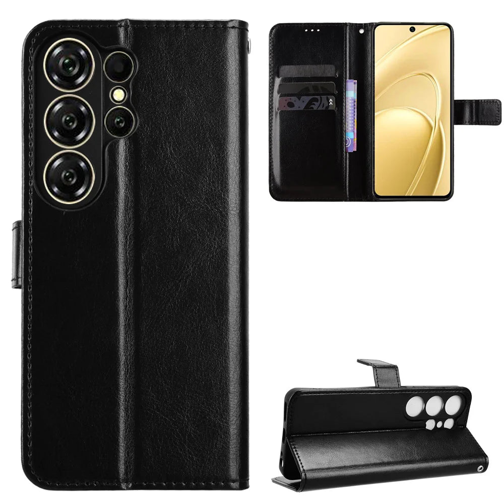 For Oukitel C26 PU Leather Case with Strap Crazy Horse Texture Phone Wallet Cover - Black - 1