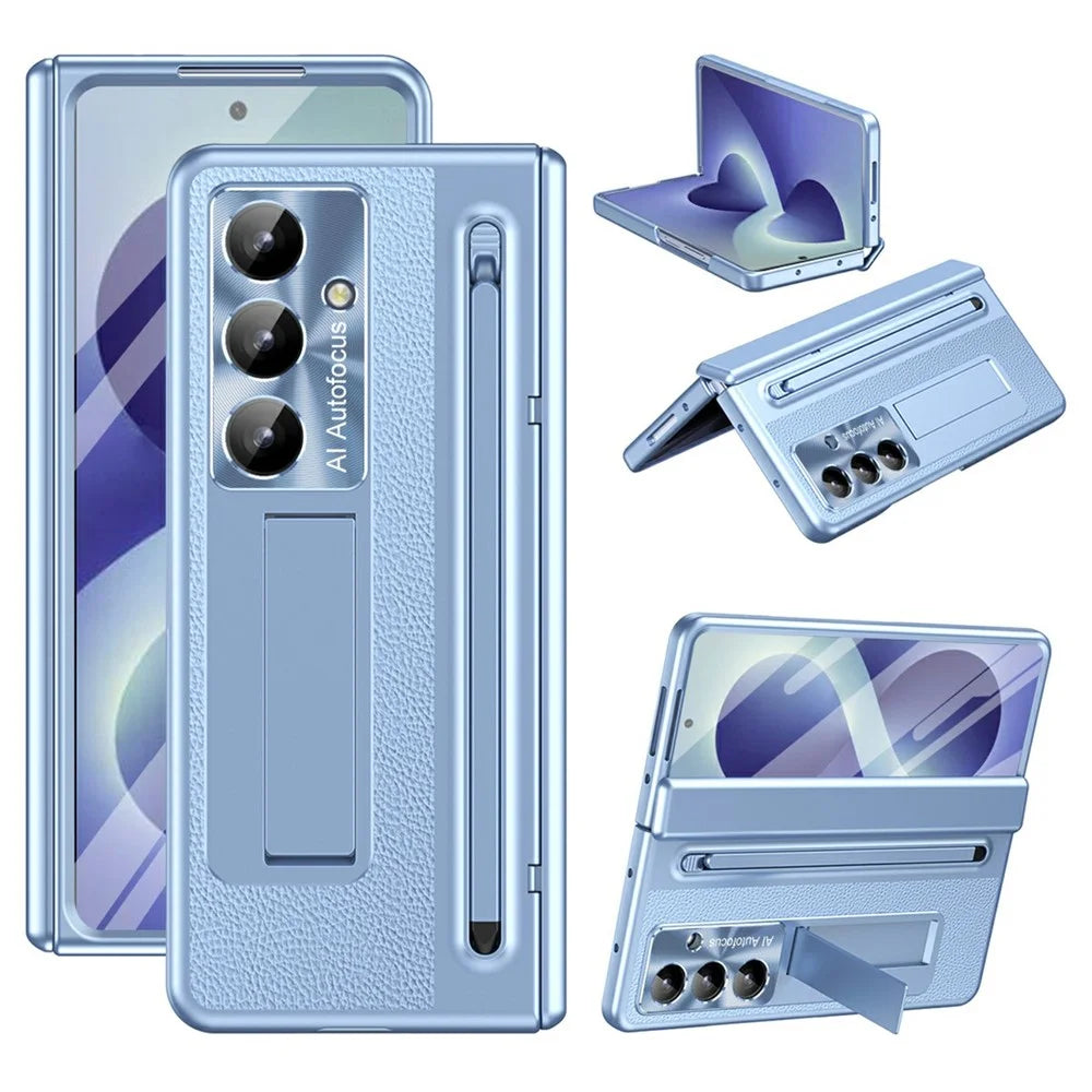 For Samsung Galaxy Z Fold8 Ultra Case Kickstand Leather PC Phone Cover with Tempered Glass Film with Stylus - Blue - 1
