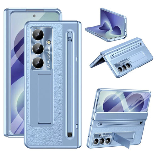 For Samsung Galaxy Z Fold8 Ultra Case Kickstand Leather PC Phone Cover with Tempered Glass Film with Stylus - Blue - 1