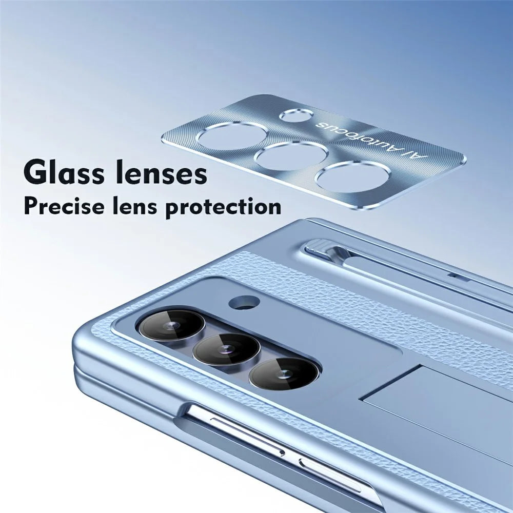 For Samsung Galaxy Z Fold8 Ultra Case Kickstand Leather PC Phone Cover with Tempered Glass Film with Stylus - Blue - 3