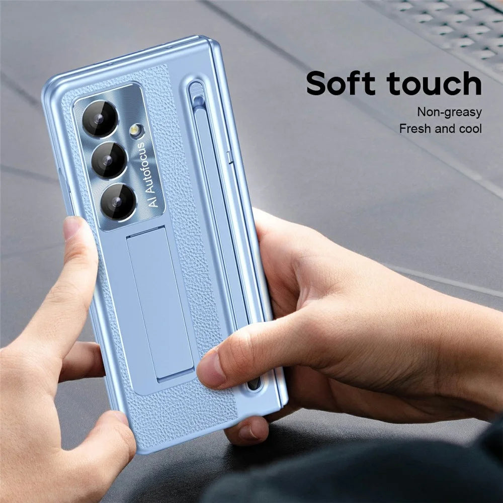 For Samsung Galaxy Z Fold8 Ultra Case Kickstand Leather PC Phone Cover with Tempered Glass Film with Stylus - Blue - 4