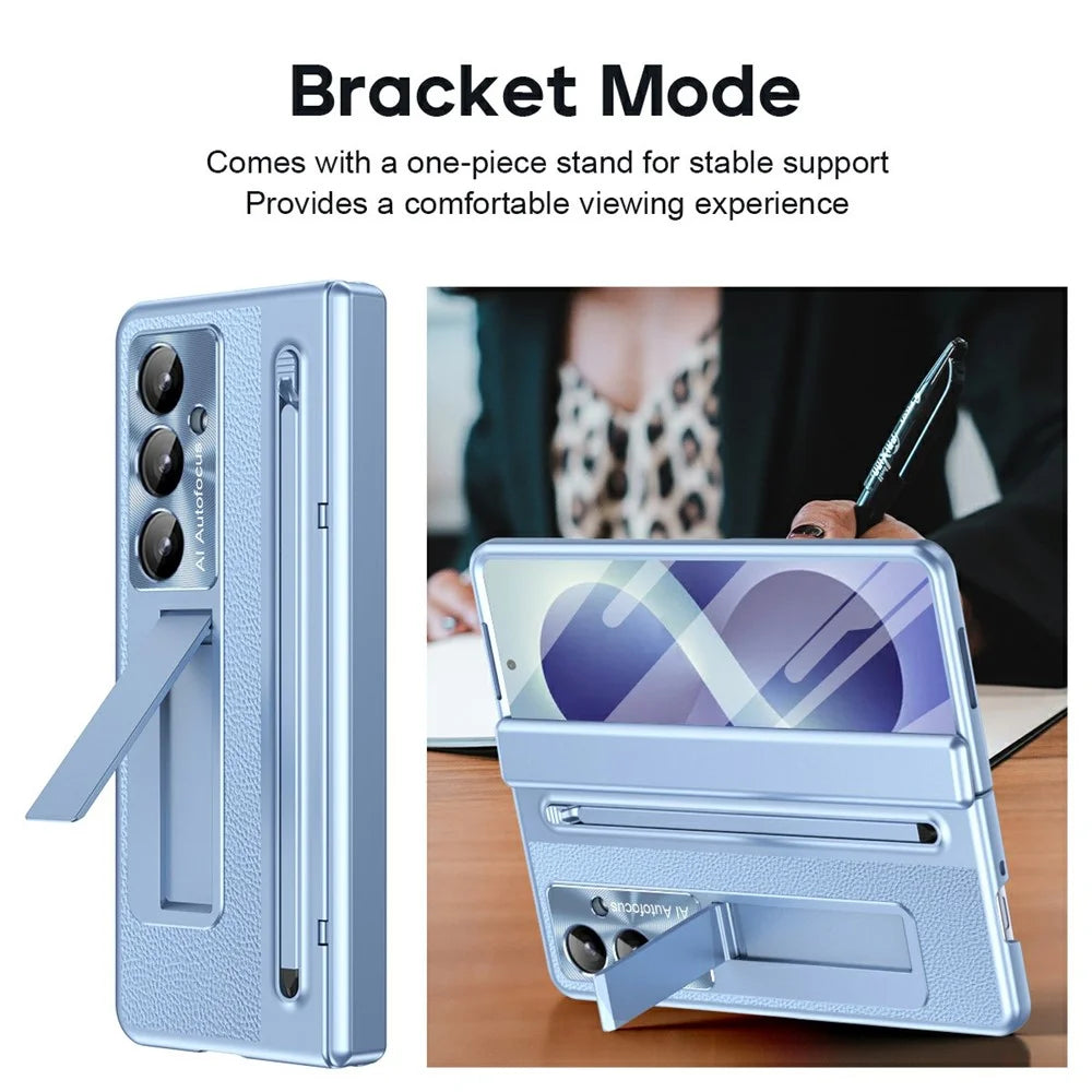 For Samsung Galaxy Z Fold8 Ultra Case Kickstand Leather PC Phone Cover with Tempered Glass Film with Stylus - Blue - 5
