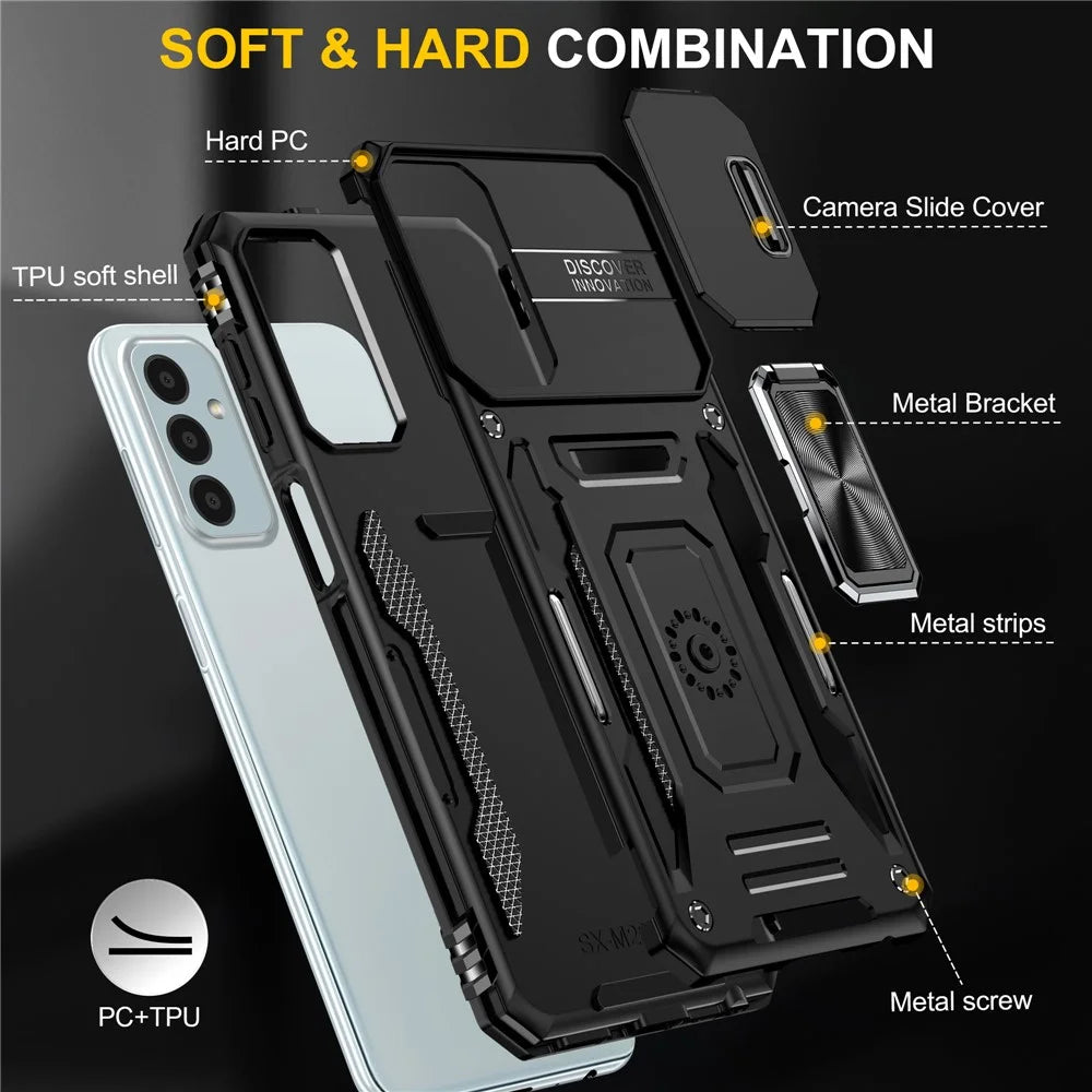 Armor Series for Samsung Galaxy M23 5G / F23 5G / M13 4G PC + TPU Anti-Scratch Phone Case Slide Camera Protection Kickstand Shockproof Cover - Black - 7