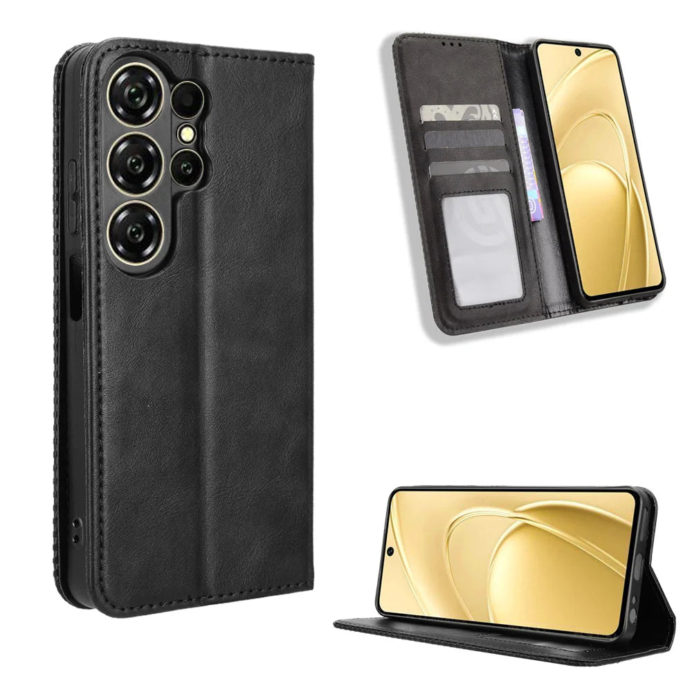 For Oukitel C26 Leather Case Wallet Stand Retro Texture Phone Cover - Black - 1