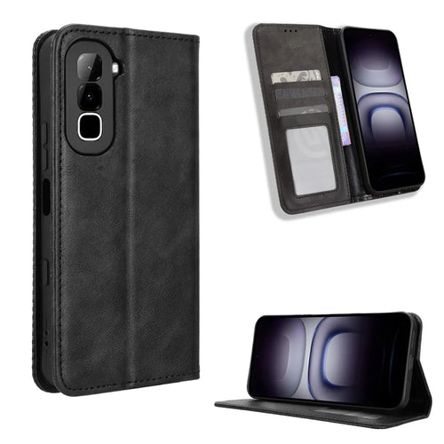 For Infinix Hot 70 Leather Case Wallet Stand Retro Texture Phone Cover - Black - 1