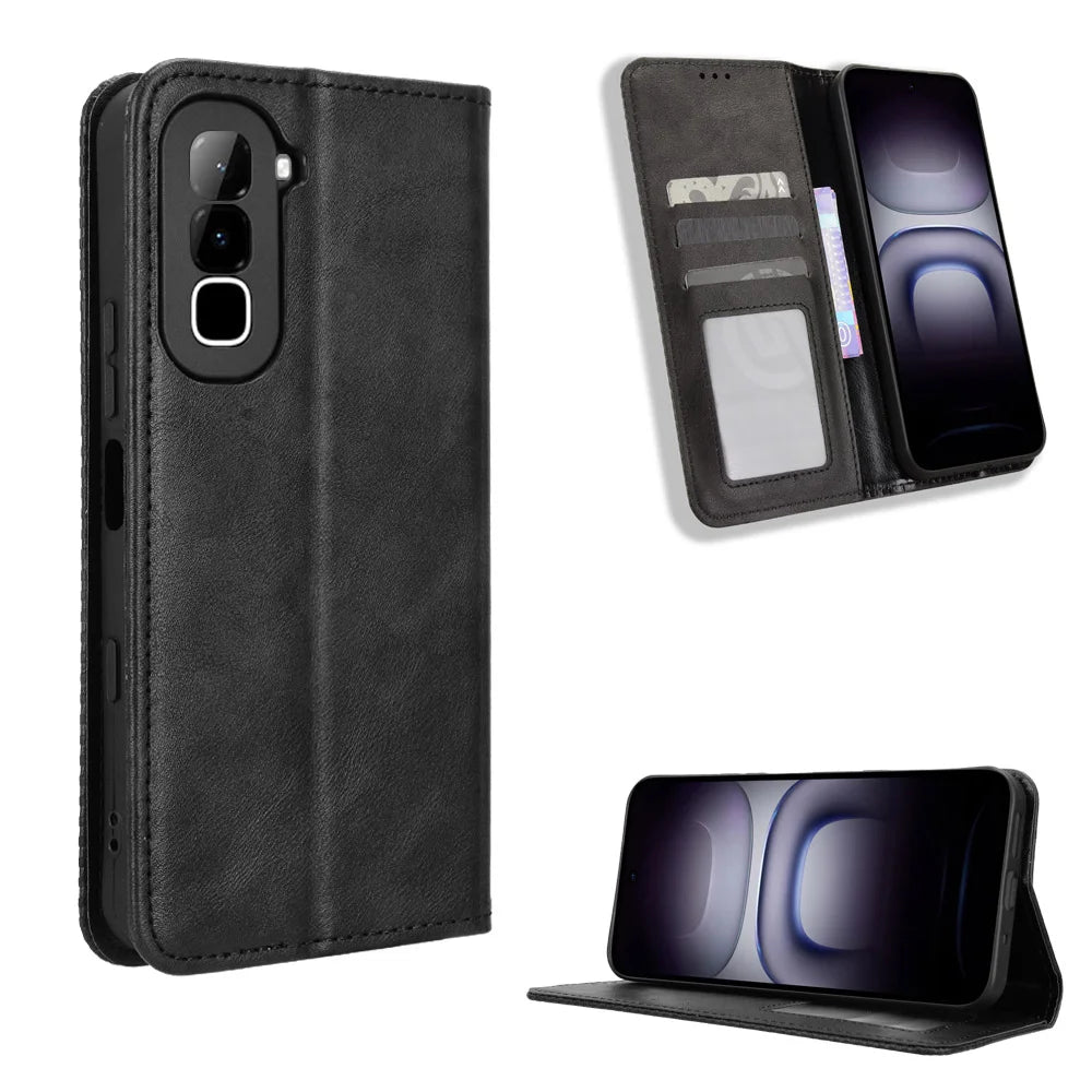For Infinix Hot 70 Leather Case Wallet Stand Retro Texture Phone Cover - Black - 1