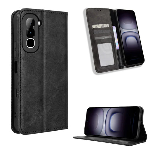 For Infinix Hot 70 Leather Case Wallet Stand Retro Texture Phone Cover - Black - 1