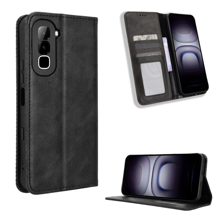 For Infinix Hot 70 Leather Case Wallet Stand Retro Texture Phone Cover - Black - 1